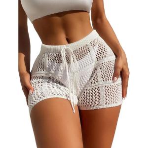 imageSHENHE Womens Crochet Cover Up Shorts Hollow Out Tie Front Sheer Beach Shorts CoverupsWhite