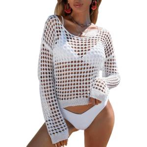imageSHENHE Womens Crochet Hollow Out Drop Shoulder Cover Up Sheer Long Sleeve Beach TopWhite