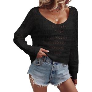 imageSHENHE Womens Crochet Hollow Out Drop Shoulder Scoop Neck Long Sleeve Sweater TopBlack