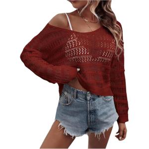 imageSHENHE Womens Crochet Hollow Out Drop Shoulder Scoop Neck Long Sleeve Sweater TopBurgundy