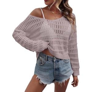 imageSHENHE Womens Crochet Hollow Out Drop Shoulder Scoop Neck Long Sleeve Sweater TopDusty Pink
