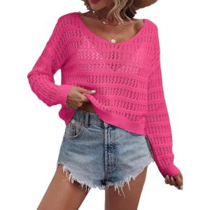 imageSHENHE Womens Crochet Hollow Out Drop Shoulder Scoop Neck Long Sleeve Sweater TopHot Pink