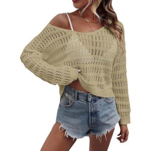 imageSHENHE Womens Crochet Hollow Out Drop Shoulder Scoop Neck Long Sleeve Sweater TopKhaki
