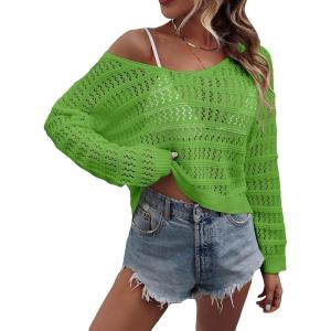 imageSHENHE Womens Crochet Hollow Out Drop Shoulder Scoop Neck Long Sleeve Sweater TopOlive Green