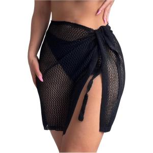 imageSHENHE Womens Crochet Sarong Wraps Coverup Tie Side Sheer Swimsuit Beach Cover Up SkirtBlack