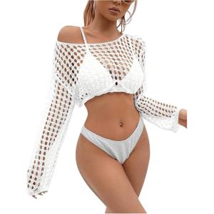 imageSHENHE Womens Hollow Out Crochet Beach Cover Up Sheer Long Sleeve Crop Beach TopCropped White
