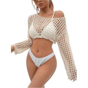 imageSHENHE Womens Hollow Out Crochet Beach Cover Up Sheer Long Sleeve Crop Beach TopKhaki