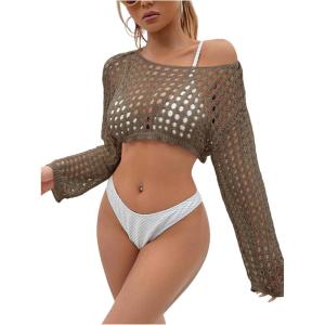 imageSHENHE Womens Hollow Out Crochet Beach Cover Up Sheer Long Sleeve Crop Beach TopOlive Green