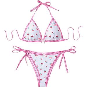 imageSHENHE Womens Plus Size Bikini Sets Cherry Print Plaid Colorblock Triangle 2 Piece SwimsuitPink