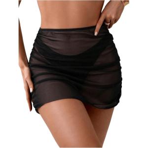 imageSHENHE Womens Ruched Beach Mini Skirt Swim Cover Up Skirt High Waist Sheer Coverup SkirtBlack