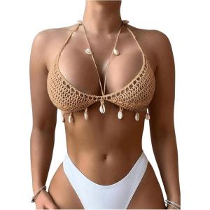 imageSHENHE Womens Sexy Crochet Coverup Top Open Back Halter Shell Beach Cover Up for SwimwearKhaki