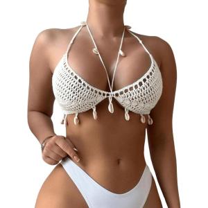imageSHENHE Womens Sexy Crochet Coverup Top Open Back Halter Shell Beach Cover Up for SwimwearWhite