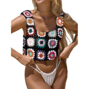imageSHENHE Womens Sheer Floral Crochet Square Neck Sleeveless Cover Up Tank Crop TopsBlack