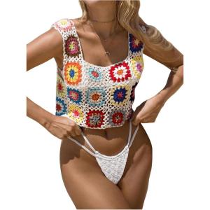 imageSHENHE Womens Sheer Floral Crochet Square Neck Sleeveless Cover Up Tank Crop TopsWhite