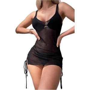 imageSHENHE Womens Sheer Swimsuit Cover Up Lace Up Tie Side Knit Mini Dress Beach CoverupsBlack