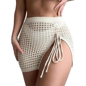 imageSHENHE Womens Solid Knit Drawstring Tie Front Beach Cover Up SkirtThigh Slit Apricot