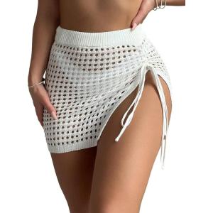 imageSHENHE Womens Solid Knit Drawstring Tie Front Beach Cover Up SkirtThigh Slit White