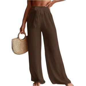 imageSHENHE Womens Swim Cover Up Pants Tie Front Wide Leg Loose Beach Palazzo Pants CoverupsCoffee Brown