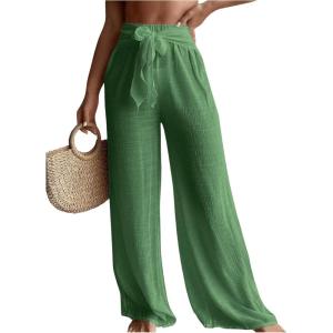 imageSHENHE Womens Swim Cover Up Pants Tie Front Wide Leg Loose Beach Palazzo Pants CoverupsGreen