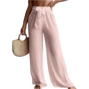 imageSHENHE Womens Swim Cover Up Pants Tie Front Wide Leg Loose Beach Palazzo Pants CoverupsPink