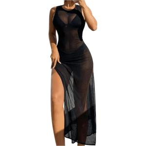 imageSHENHE Womens Swimsuit Cover Up High Slit Sheer Maxi Dress Sleeveless Bikini CoverupsBlack