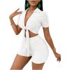 imageSHENHE Womens 2 Piece Sexy Outfits Deep V Tie Front Crop Top and Biker Shorts SetWhite