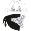 imageSHENHE Womens 3 Piece Floral Bikini Set with Wrap Coverup Halter Triangle SwimsuitsBlack and White