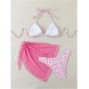 imageSHENHE Womens 3 Piece Floral Bikini Set with Wrap Coverup Halter Triangle SwimsuitsPink and White