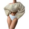 imageSHENHE Womens Hollow Out Crochet Boat Neck Long Sleeve Sheer Crop Swimsuit Cover Up TopApricot