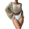 imageSHENHE Womens Hollow Out Crochet Boat Neck Long Sleeve Sheer Crop Swimsuit Cover Up TopApricot