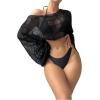 imageSHENHE Womens Hollow Out Crochet Boat Neck Long Sleeve Sheer Crop Swimsuit Cover Up TopBlack