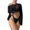 imageSHENHE Womens Hollow Out Crochet Boat Neck Long Sleeve Sheer Crop Swimsuit Cover Up TopBlack