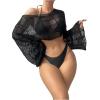 imageSHENHE Womens Hollow Out Crochet Boat Neck Long Sleeve Sheer Crop Swimsuit Cover Up TopBlack