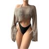 imageSHENHE Womens Hollow Out Crochet Boat Neck Long Sleeve Sheer Crop Swimsuit Cover Up TopMocha Brown