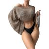 imageSHENHE Womens Hollow Out Crochet Boat Neck Long Sleeve Sheer Crop Swimsuit Cover Up TopMocha Brown