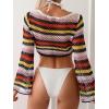 imageSHENHE Womens Hollow Out Crochet Boat Neck Long Sleeve Sheer Crop Swimsuit Cover Up TopStriped Multi