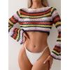 imageSHENHE Womens Hollow Out Crochet Boat Neck Long Sleeve Sheer Crop Swimsuit Cover Up TopStriped Multi