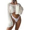 imageSHENHE Womens Hollow Out Crochet Boat Neck Long Sleeve Sheer Crop Swimsuit Cover Up TopWhite