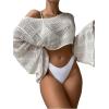 imageSHENHE Womens Hollow Out Crochet Boat Neck Long Sleeve Sheer Crop Swimsuit Cover Up TopWhite