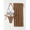 imageSHENHE Womens Sexy 3 Piece Halter Swimsuit with High Slit Cover Up Skirt Triangle String Bikini SetCoffee Brown