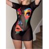 imageSHENHE Womens Sheer Mesh Graphic Swim Coverups Short Sleeve Crew Neck Beach Short DressBlack