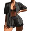 imageSHENHE Womens Sheer Swim Cover Up 2 Piece Set Kimono Shirt and Shorts Bikini CoverupBlack