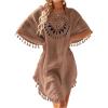 imageSHENHE Womens Crochet Patchwork Tassel Dress Swim Cover Up Dolman Sleeve Beach SundressKhaki