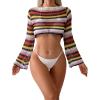 imageSHENHE Womens Hollow Out Crochet Boat Neck Long Sleeve Sheer Crop Swimsuit Cover Up TopStriped Multi