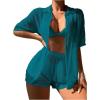 imageSHENHE Womens Sheer Swim Cover Up 2 Piece Set Kimono Shirt and Shorts Bikini CoverupTeal Blue