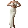imageSHENHE Womens Two Piece Cover Up Set Cross Halter Neck Cover Up Top with High Split Long Beach SkirtApricot