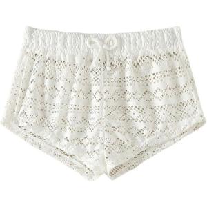 imageSHENHE Girls Swimsuit Cover Up Shorts Hollow Out Drawstring Waist Sheer Beach Short