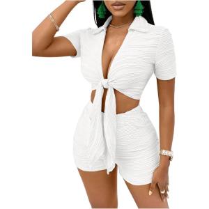 imageSHENHE Womens 2 Piece Sexy Outfits Deep V Tie Front Crop Top and Biker Shorts SetWhite