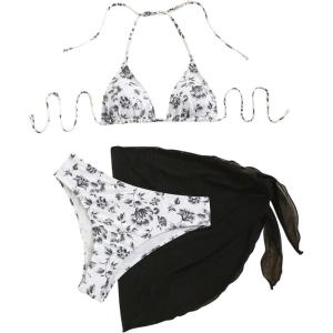 imageSHENHE Womens 3 Piece Floral Bikini Set with Wrap Coverup Halter Triangle SwimsuitsBlack and White
