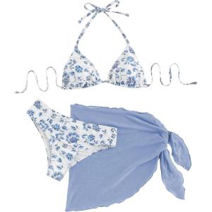 imageSHENHE Womens 3 Piece Floral Bikini Set with Wrap Coverup Halter Triangle SwimsuitsBlue W